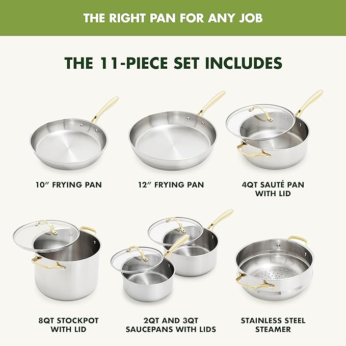 GreenPan 11 Piece Stainless Steel Cookware Set, Induction Ready, Tri-Ply Multiclad Pots & Pans with Lids, Compatible on All Cooktops, Measurement Markings, Dishwasher & Oven Safe, Swift, Gold Handles