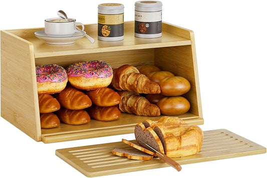 Bamboo Bread Box with Cutting Board for Kitchen Countertop – Large Capacity Bread Storage Container for Kitchen, Multi-Use Organizer for Bread, Fruits, Baked Goods