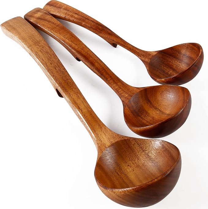 Wooden Ladles Soup Set, 3 Size Wooden Spoons For Cooking, Non-Stick Wooden Spoon, Natural Teak Wood Cooking Spoons, Kitchen Utensils set