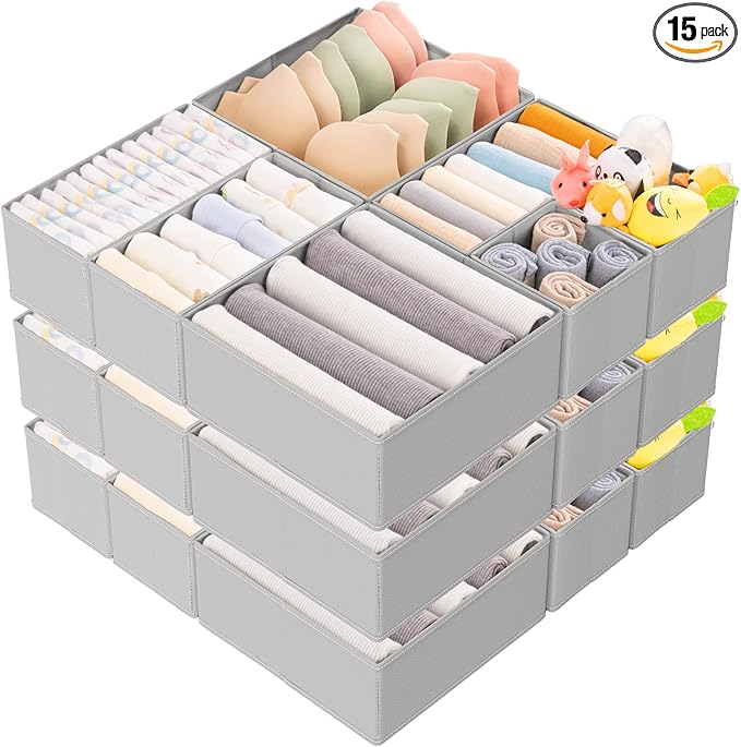 Criusia 15 Pack Drawer Organizer for Clothes, Foldable Dresser Dividers with 3 Sizes, Fabric Storage Bins – Gray
