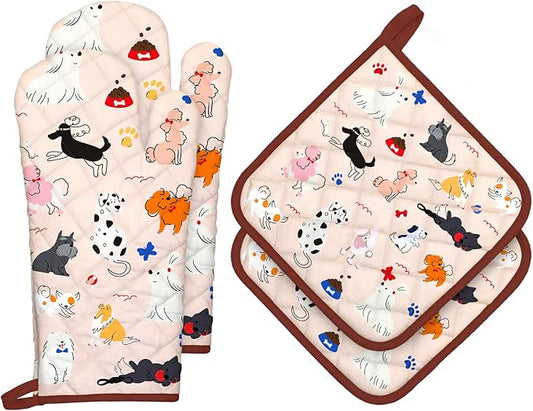 Dogs Oven Mitts and Pot Holders Sets 4Pcs, 100% Cotton Heat Resistant, Extra Long Oven Gloves Potholder for Kitchen Cooking Baking Decoration