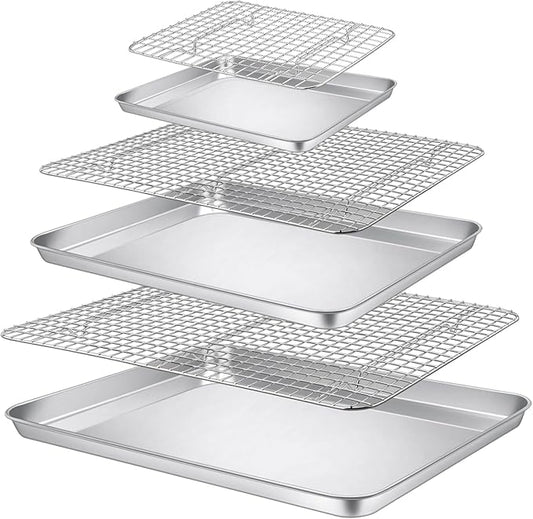 P&P CHEF 17.5 + 16 + 10.4 Inch Baking Sheet and Rack Set, Stainless Steel Cookie Sheets Oven Baking Pans Trays with Cooling Racks for Cooking & Roasting, Oven & Dishwasher Safe, (6Pcs)