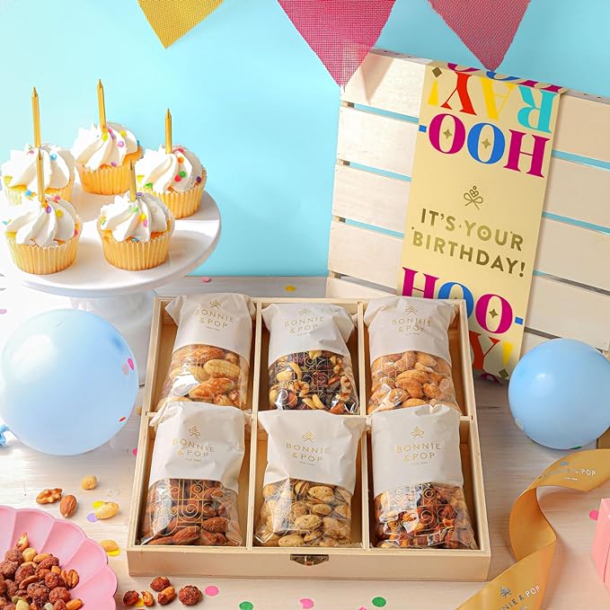 Happy Birthday Food Gift Basket, Healthy Nut Gift Tray, Birthday Snack Treat in Reusable Wooden Crate, Gourmet Assorted Food Delivery, Birthday Snack Box, For Men, Women and Families, Bonnie & Pop