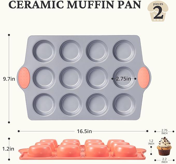 BRONYPRO Ceramic Muffin Pan, 12-Cup Nonstick Aluminized Steel Cupcake Pans, Healthy Non-Toxic Ceramic Coating Muffin tin, 2 Pack Cup Cake Pans for Baking Coral