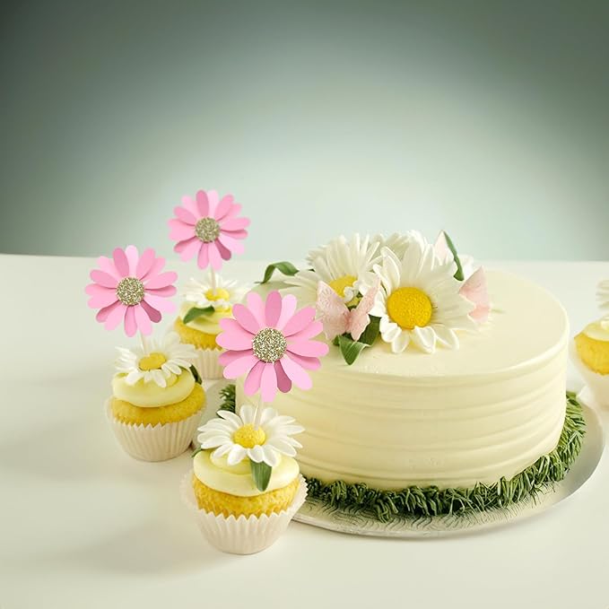 24Pcs Daisy Cupcake Toppers Flower Cake Topper Decorations Daisy Cake Decorations Chrysanthemum Cupcake Toppers Spring Daisy Flower Cake Picks for Birthday Wedding Supplies Light Pink