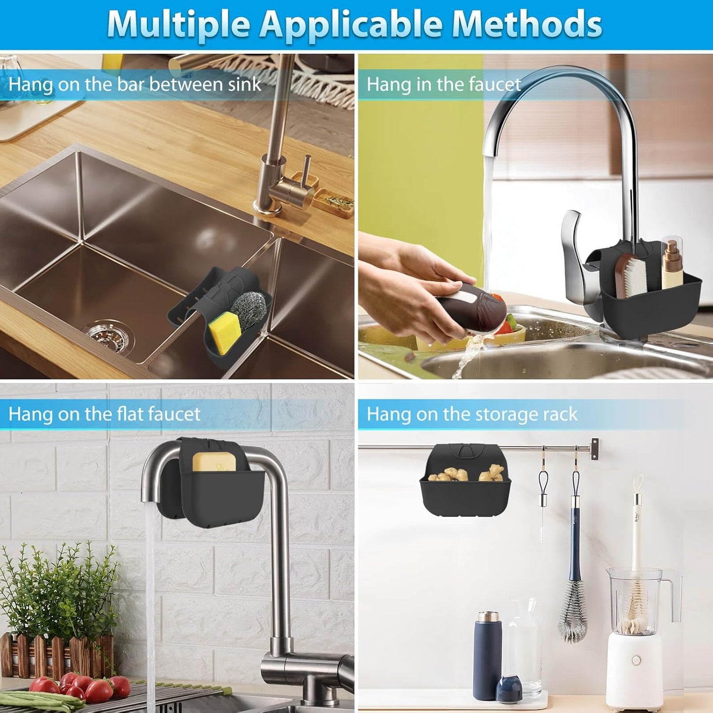 Sponge Holder for Kitchen Sink, Silicone Sink Saddle Caddy Organizer Rack, Sponges Holder Over Faucet, Hanging Kitchen Organizer Accessories Rack Basket Black