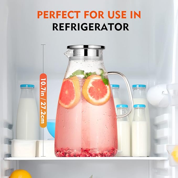 Aofmee 100 Oz Glass Pitcher, 3L Water Pitcher with Lid, Iced Tea Jar with 304 Stainless Steel Lid and Spout, Heat Resistant Jug for Sun Tea, Water Carafe for Cold or Hot Beverage Serveware Juice