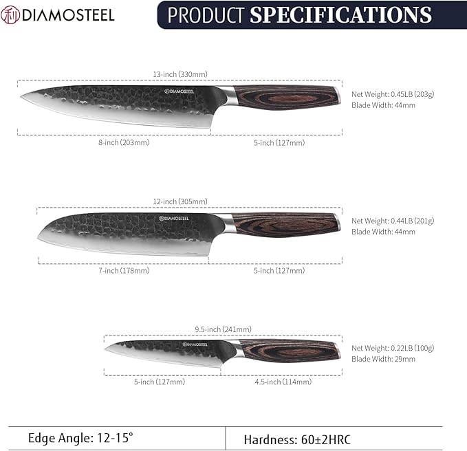 Kitchen Knife Set - 3 Pieces Knives Set for Kitchen High Carbon 9CR18MOV Steel, Hammered Black Oxide Blade & Pakkawood Handle - Profession Chef Knife Set Elegant Holiday Gift for Chefs