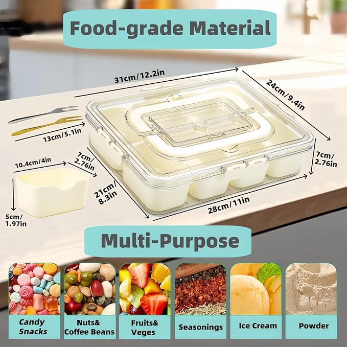 2 Pack Snackle Box Container, Divided Serving Tray with Lid & Handle, Portable Snack Box Food Organizer for Nuts,Candy,Fruits, Snack Platter with 8 Compartments&6 forks for Party, Picnic, Travel