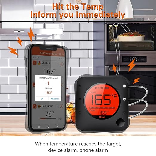 BFOUR Wireless Grill Thermometer, Bluetooth Meat Thermometer, Digital BBQ Meat Thermometer for Grilling Smoker Oven, Smart APP Alarm Monitor Instant Read with 4 Stainless Steel Probes