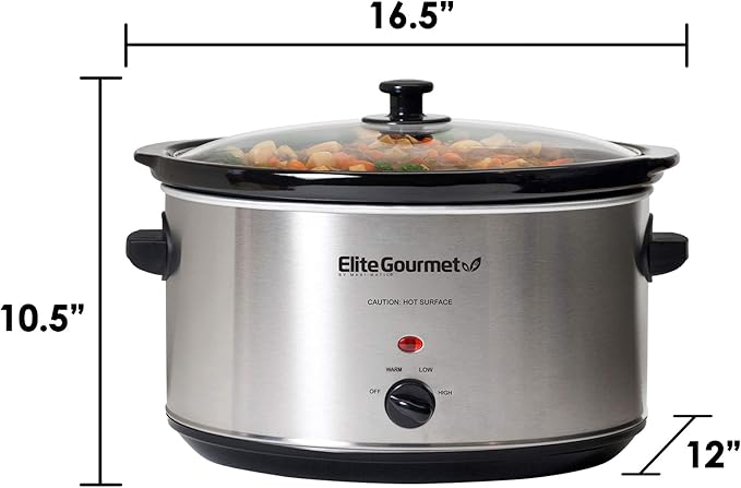 Elite Gourmet Stainless Steel Slow Cooker, Dishwasher-Safe with Tempered Glass Lid, Cool-Touch Handles, Removable Stoneware Pot, 8.5 Quart,MST-900V