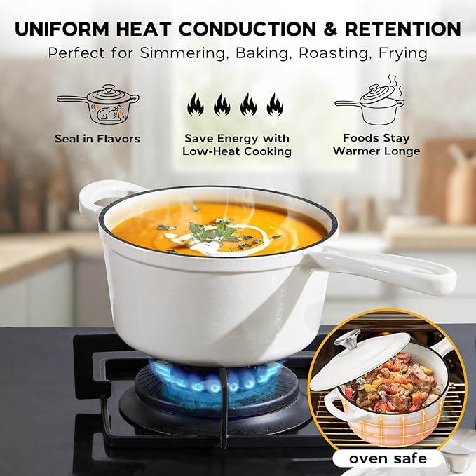1QT Sauce Pan, Onader Enameled Cast Iron Saucepan Dutch Oven Pot with Lid, Small Cooking Sauce Pot, Nonstick & Oven Safe – White
