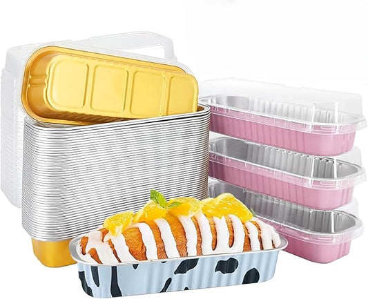 50 PCS Multiple colors Mini Loaf Pans with Lids, 6.8oz Cake Pans for Baking, Disposable Mini Aluminum Foil Loaf Pans, for Party Individual Serving.