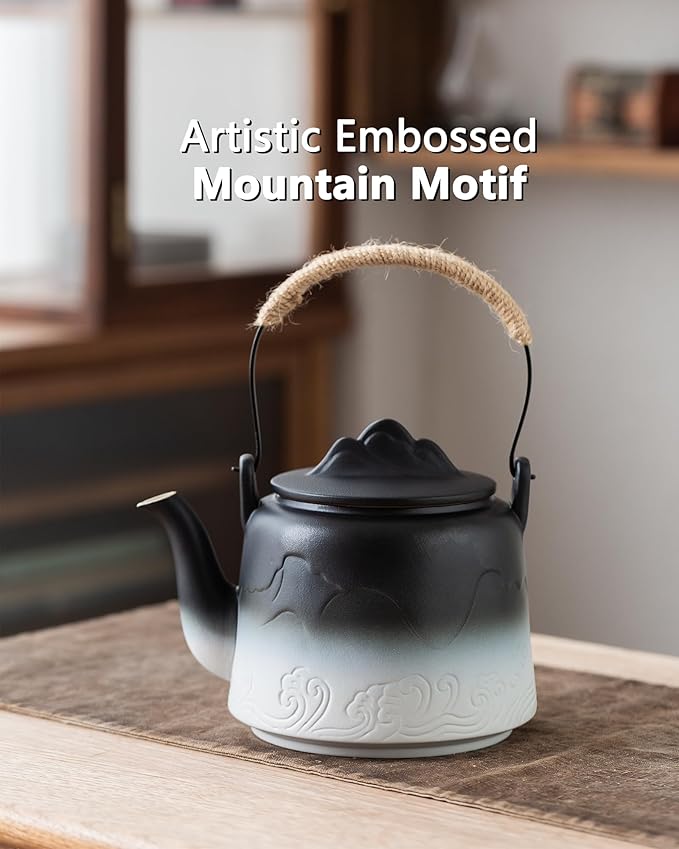 ZENS Vintage Japanese Teapot, 33.8 oz Gradient Embossed Ceramic Loose Leaf Tea Pot with Built-in Filter for Tea Steeper, Hemp Rope Handle Japanese Teapot for Tea Lovers Gifts, Black & White