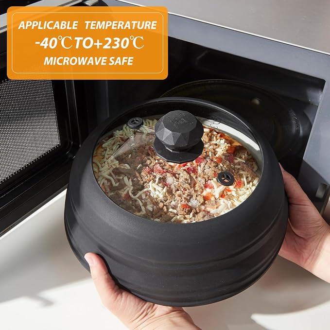 Microwave Splatter Cover Vented Glass Splatter Guard Lid with Collapsible Silicone for Food as Pot Cover 11.8 inch Large Plate for 6 7 8 9 10 11 inch Plate Bowl Black