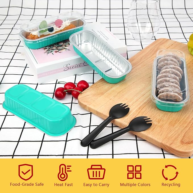 LNYZQUS Mini Loaf Baking Pans with Lids 100 Pack, 6.8oz Rectangle Mini Cake Tins Baking Cups,Disposable Aluminum Foil Baking Pan Muffin Tins Containers -Cyan Blue