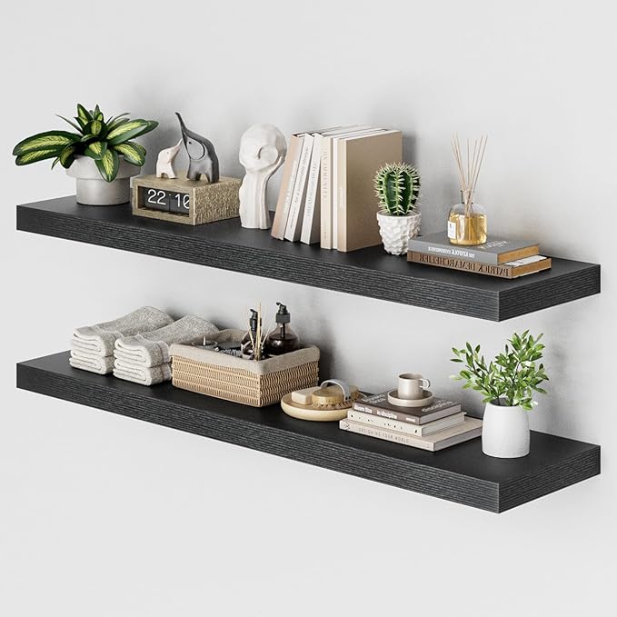 Heimlove 48W x 12D Long Floating Shelf, 12 Inch Deep Black Floating Shelves for Wall Set of 2, Wood Shelves for Bedroom Living Room Bathroom Kitchen Home Office, Wall Shelves with Heavy Duty Bracket