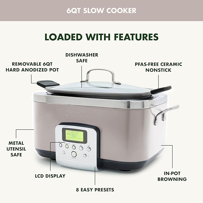 GreenPan Elite 8-in-1 Programmable 6QT Electric Slow Cooker, Dishwasher Safe Lid & Removable Crock, PFAS-Free Healthy Ceramic Nonstick Multi-Cooker, Sear, Sauté, Brown, Steam Basket, Roast, Clay