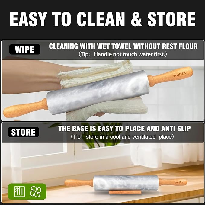Walfos Marble Rolling Pin With Wooden Handles & Wood Cradle, 16.5 Inch Marble Rolling Pins For Making Pizza Dough And Tortillas, Dough Roller For Pie Crust, Cookie, Pasta (Gray & White)
