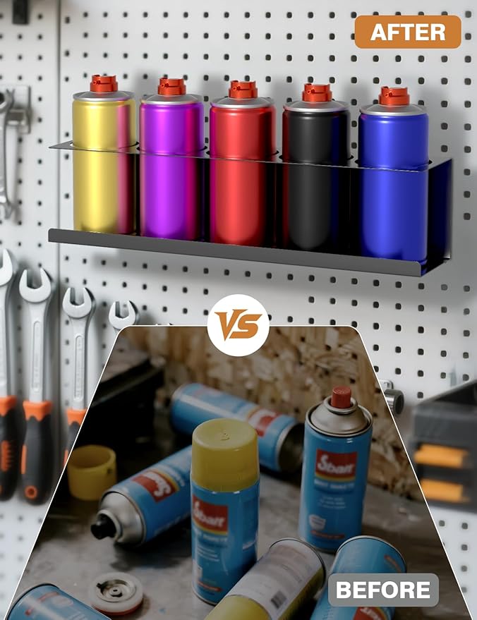 4 Pack Spray Can Holder Organizer, Wall-Mounted Steel Spray Bottle Rack, Tool Box Storage Rack, 5 Cans Metal Paint Can Organizer for Garage, Workspace, Shop, Home or Tool Trailer, Black