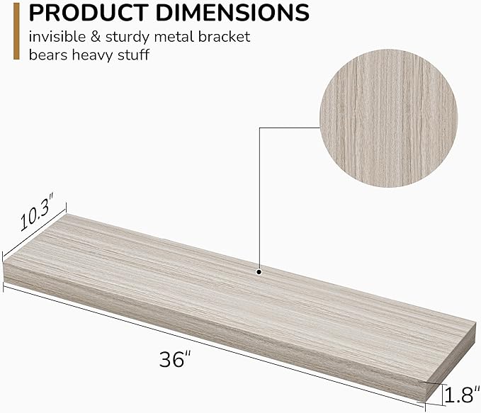 Floating Shelves - 10.3 Inch Deep Wall Shelf for Decor & Storage - Wall Mounted Display Shelving with Invisible Heavy-Duty Metal Bracket - 36" W x 10.3" D x 1.8" H - Set of 1 - Rustic Grey