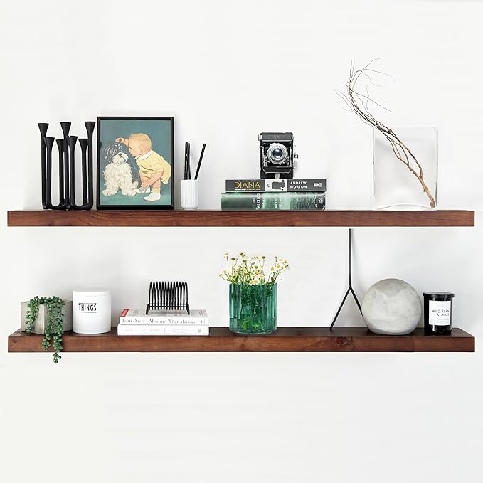 Homeforia 48 inch Walnut Floating Shelf, High End Solid Real Wood Large 48inch Floating Shelves for Wall, Dark Brown 48 inches Long Floating Shelves, Heavy Duty Bracket, 48 X 6.5 X 1.75 inch, Set of 2