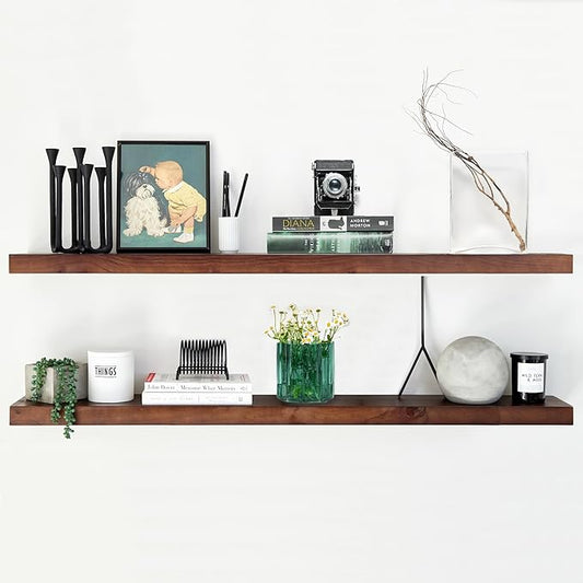 Homeforia 48 inch Walnut Floating Shelf, High End Solid Real Wood Large 48inch Floating Shelves for Wall, Dark Brown 48 inches Long Floating Shelves, Heavy Duty Bracket, 48 X 6.5 X 1.75 inch, Set of 2