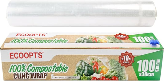 100% Compostable Plastic Cling Wrap Dispenser With Slide Cutter 12 inch Food Service Cling Film Wrap Roll - 12" x 360 Ft ECO friendly Food Wrap(The Slide Cutter stored in The Inner core of The roll)