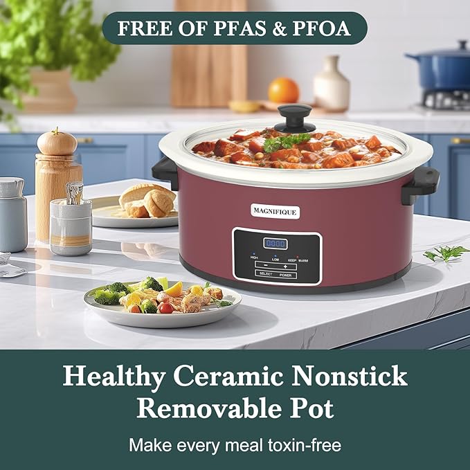 7-Quart Programmable Slow Cooker with Timer Keep Warm - Small Kitchen Appliance for Family Dinners - Serves 6+ People (Red Shell + White Ceramic Liner)