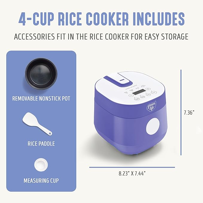 GreenLife Digital Rice Cooker, 2-Cups Uncooked/4-Cups Cooked, Removable Nonstick Ceramic PFAS-Free Pot, One-Touch Presets, Oats, Quinoa, Brown Rice, Auto Keep Warm, Fuzzy Logic Tech, 1.5 QT, Periwinkle