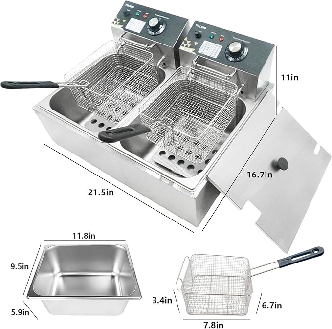Deep Fryer with Basket, 3400w 9.1Qt Oil Tank / 4Qt Basket x 2, Stainless Steel Countertop Electric Fryer for Home and Commercial Use, Oil Fryer with Temperature Control and Double Overheat Protection