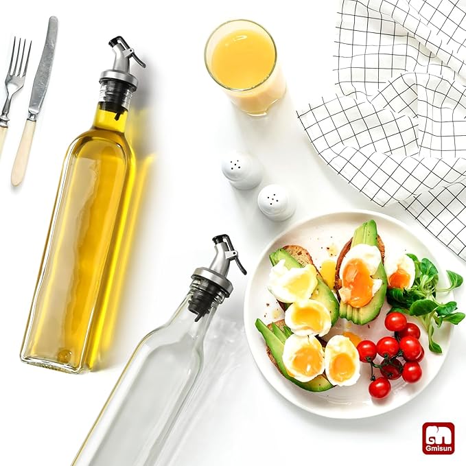 GMISUN Olive Oil and Vinegar Dispenser Bottle Set, 2Pack Oil and Vinegar Dispenser Bottle, 17oz Kitchen Oil Dispenser, Glass Cooking Oil Dispenser, Clear Glass Bottles for Oil with Funnel and Labels