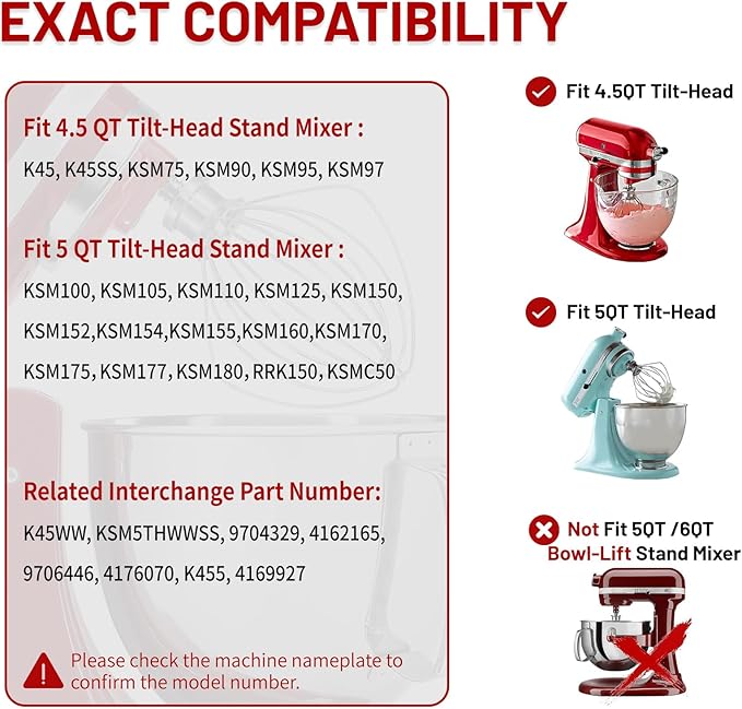 K45WW 6 Wire Whip Attachment for KitchenAid 4.5 5 Quart Tilt-Head Stand Mixer, Dishwasher Safe, Stainless Steel Whisk for Kitchen Aid Mixer Accessory Replacement Parts