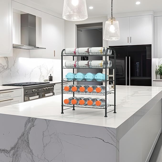 OYEAL Water Bottle Storage Rack 5 Tier Bottled Water Holder Organizer Freestanding Floor Beverage Soda Drink Stand Shelf for Kitchen Pantry Can Storage, Hold 30 Bottles, Black