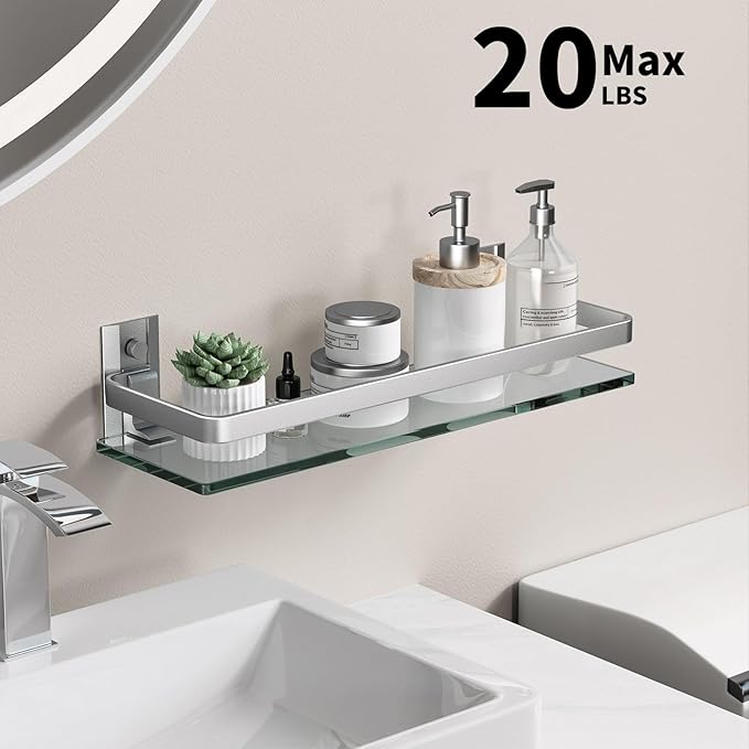 Danpoo Clear Tempered Glass Wall Shelf, Wall-Mounted Organizer for Bathroom, Kitchen(Matte Silver)