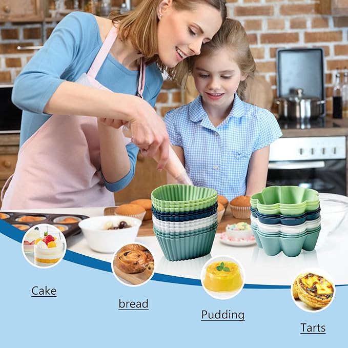 48 Pack Reusable Silicone Muffin Cups, Cupcake Baking Cups Mini Muffin Pan Silicone Cupcake Liners Non-stick Muffin Liners for Party (48, 4 Styles)