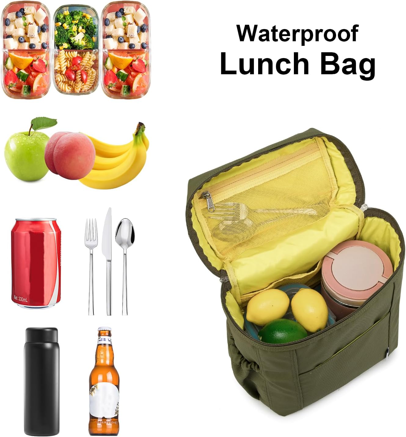 NOL Natural Organic Lifestyle Insulated Lunch Bags for Women Cooler Bag Lightweight Nylon Waterproof Lunch Box For Work (Amy green, Large)