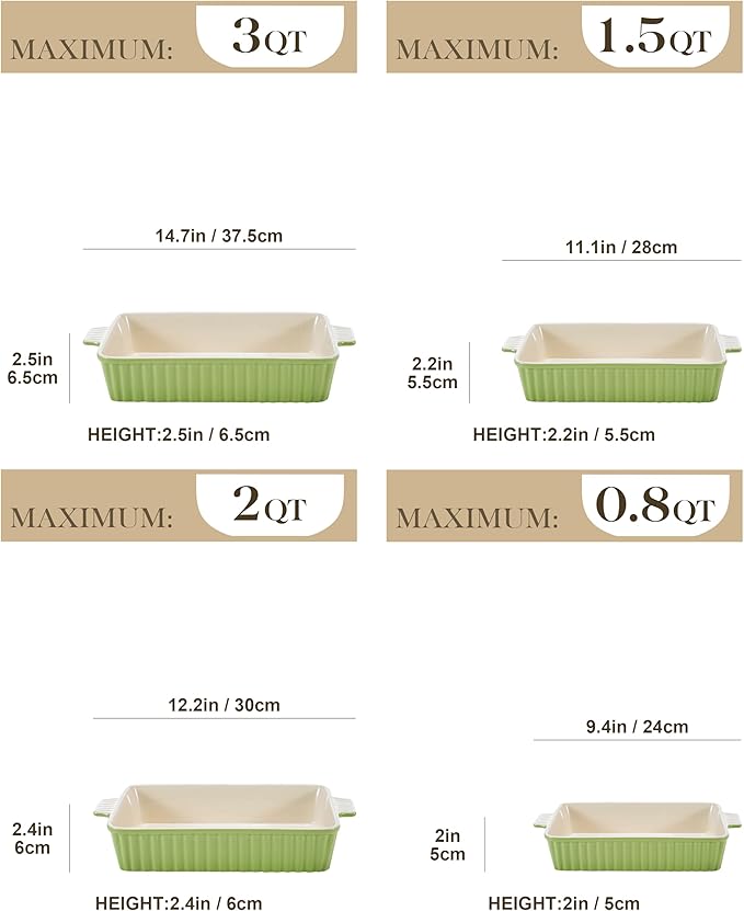 MALACASA Bakeware Set of 4, Porcelain Baking Pans Set for Oven, Casserole Dish, Ceramic Rectangular Baking Dish Lasagna Pans for Cooking Cake Kitchen, Green (9.4"/11.1"/12.2"/14.7"), Series BAKE.BAKE
