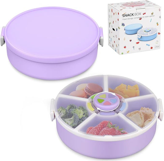 Snack Spinner Set for Kids – 2-Pack, Includes Rotating Snack Container & Classic Sectioned Snack Box, BPA-Free, Dishwasher Safe, Perfect for Travel, Purple