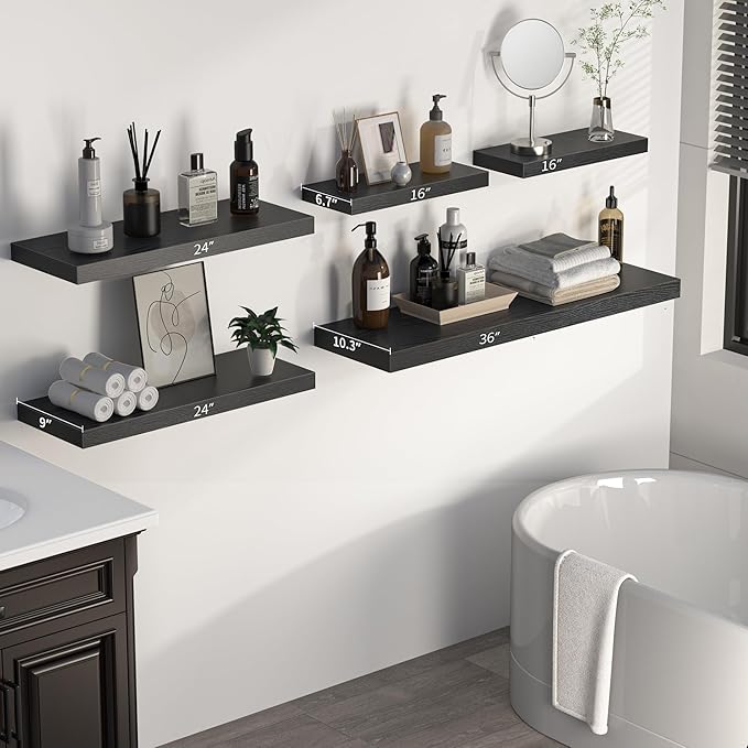 Floating Shelves - 10.3 Inch Deep Wall Shelf for Decor & Storage - Wall Mounted Display Shelving with Invisible Heavy-Duty Metal Bracket - 36" W x 10.3" D x 1.8" H - Set of 1 - Rustic Black