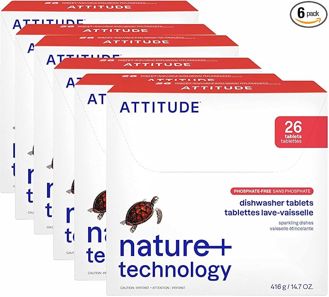 ATTITUDE Dishwasher Pods, Plant-Based & Vegan, Phosphate-Free Detergent Tablets, Naturally Derived, Unscented, 26 Count (Pack of 6)