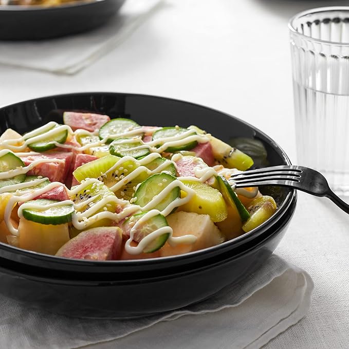 Y YHY Pasta Bowls 30oz, Large Salad Serving Bowls, Shallow Soup Bowls, Porcelain Pasta Bowls Set of 6, Microwave Dishwasher Safe, Black