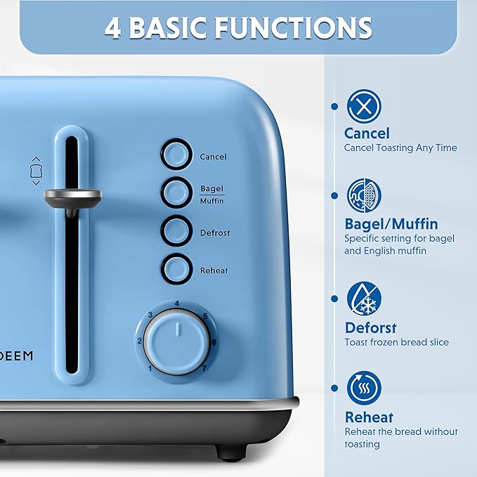 BUYDEEM DT640 4-Slice Toaster, Extra Wide Slots, Retro Stainless Steel with High Lift Lever, Bagel and Muffin Function, Removal Crumb Tray, 7-Shade Settings,Blue
