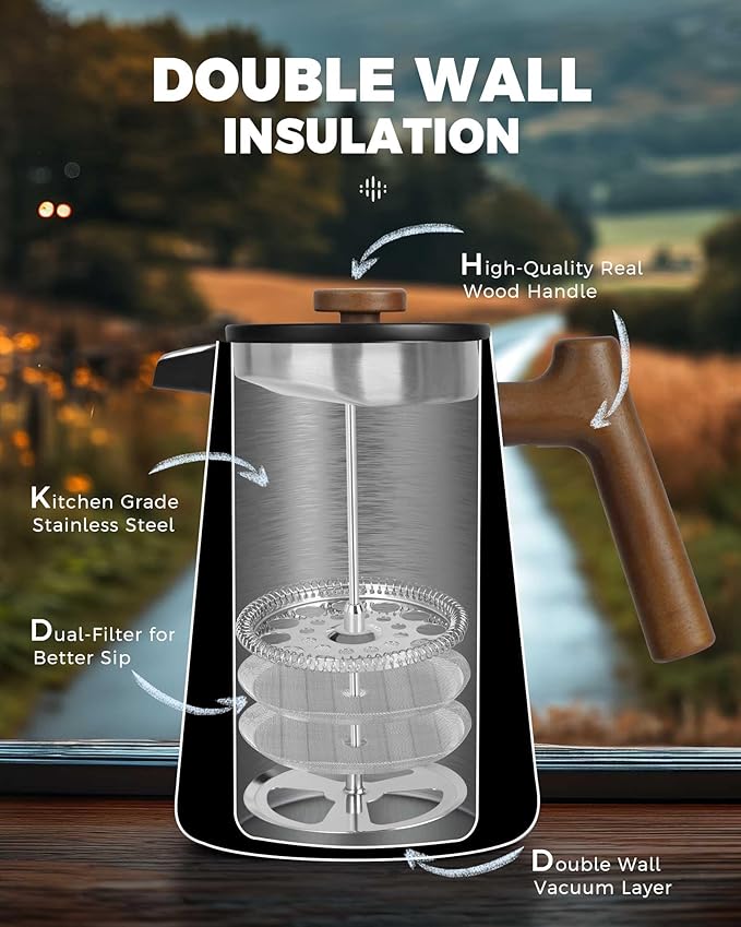 POLIVIAR French Press Coffee Maker, 34 oz Coffee Press with Real Wood Handle, Double Wall Insulation & Dual-Filter Screen, Food Grade Stainless Steel for Good Coffe and Tea, JX2025-XFPB