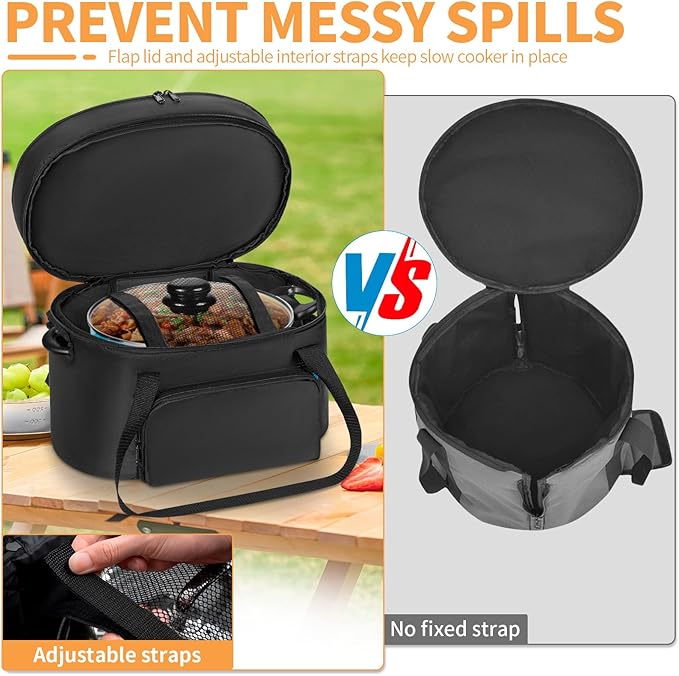 Double-Layer Slow Cooker Travel Bag Compatible with 6, 7, 8 Quart Crock-Pot, Insulated Travel Carrier with Easy to Clean Lining, Black