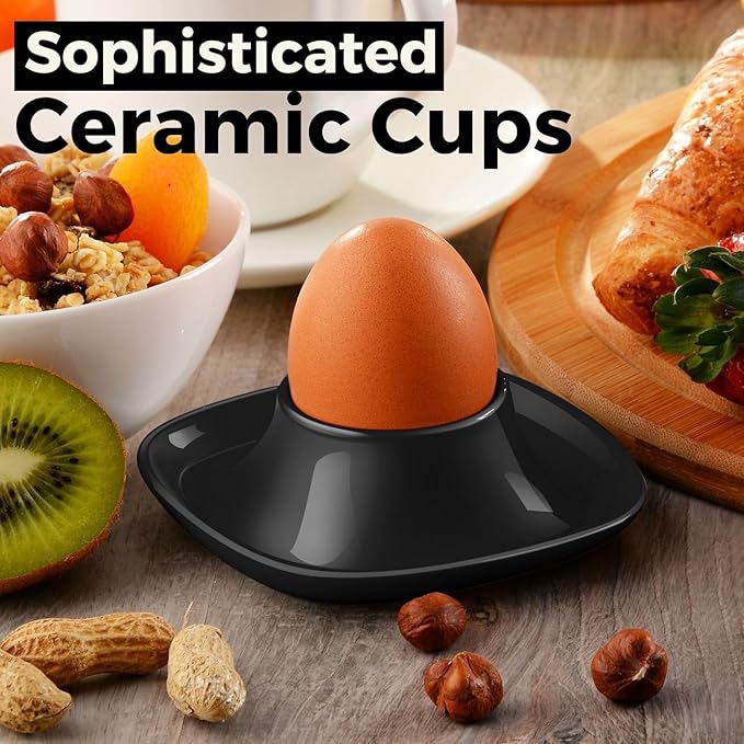 Flexzion Egg Cups for Soft Boiled Eggs - Set of 6 Ceramic Egg Holder - Stackable Egg Coddler Cups with Base for Serving, Breakfast, Brunch - Kitchen Table Decor, Black