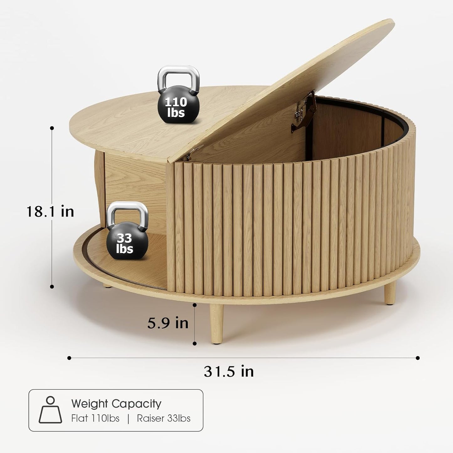 Round Coffee Table with Storage,31.5" Mid Century Modern Coffee Table with Hidden Compartment,Fluted Center Table for Living Room,Home Small Space,Oak