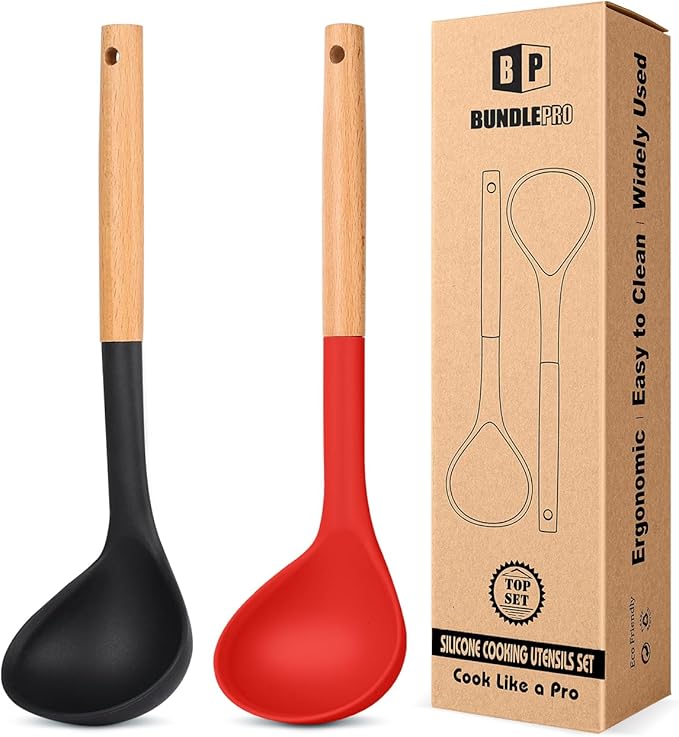 Pack of 2 Soup Ladle, Silicone Ladle Spoon with Wooden Handle, Large Non Stick High Heat Resistant Kitchen Utensils for Cooking, Stirring, Serving Soups(BLACK-RED)