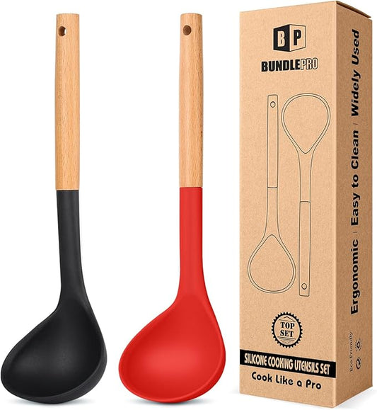 Pack of 2 Soup Ladle, Silicone Ladle Spoon with Wooden Handle, Large Non Stick High Heat Resistant Kitchen Utensils for Cooking, Stirring, Serving Soups(BLACK-RED)