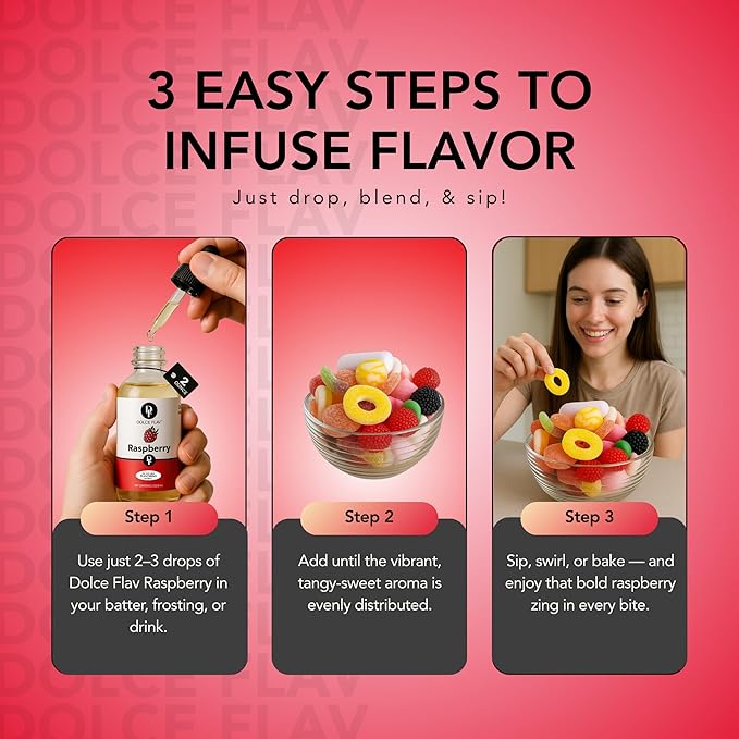 Dolce Flav Raspberry Extract (Oil-Soluble) 8 oz – Kosher, Sugar-Free, Concentrated Raspberry Flavoring for Chocolates, Candies & Baking, Includes Measured Dropper